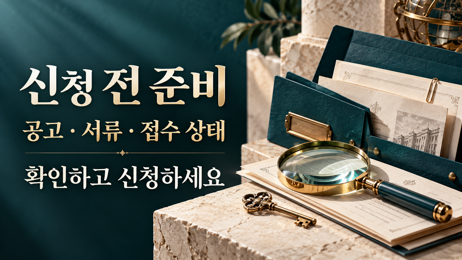 서류 폴더와 돋보기로 표현한 정책자금 신청 전 공고와 증빙 확인